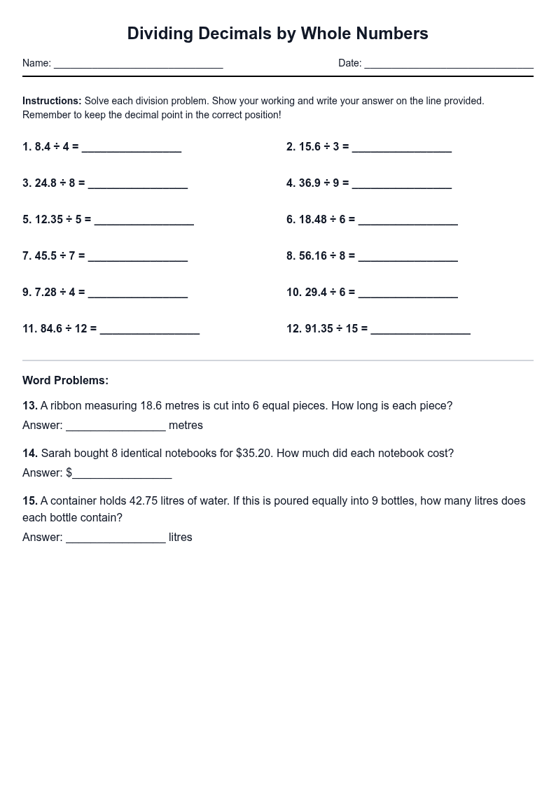 Dividing Decimals by Whole Numbers