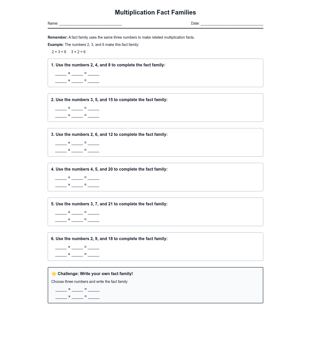Multiplication Fact Families