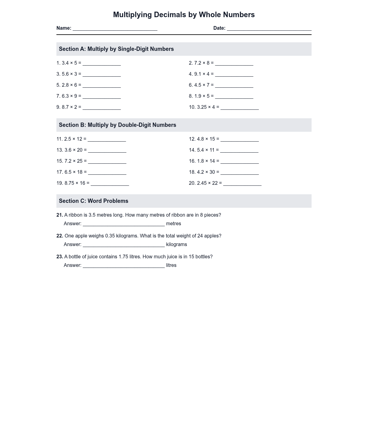 Multiplying Decimals by Whole Numbers