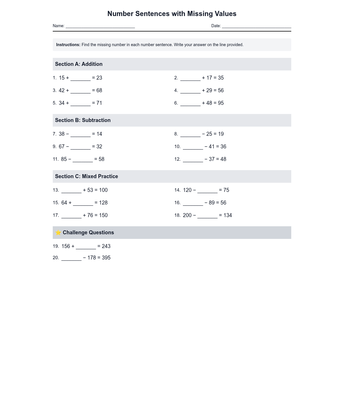 Number Sentences with Missing Values