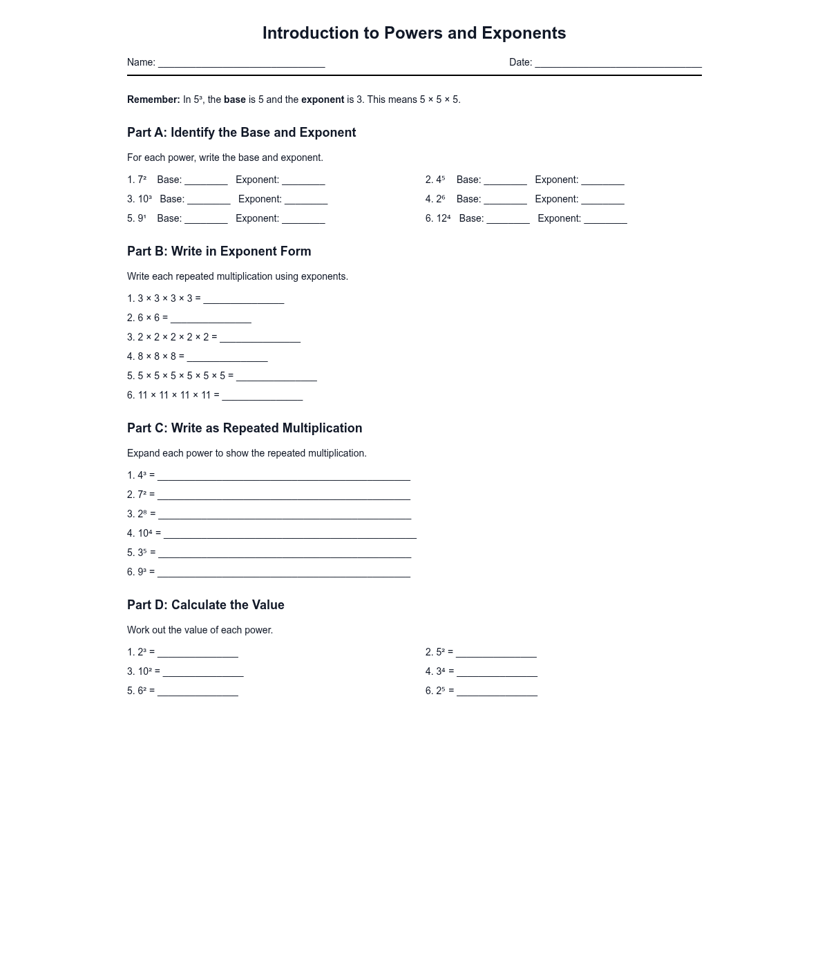 Introduction to Powers and Exponents