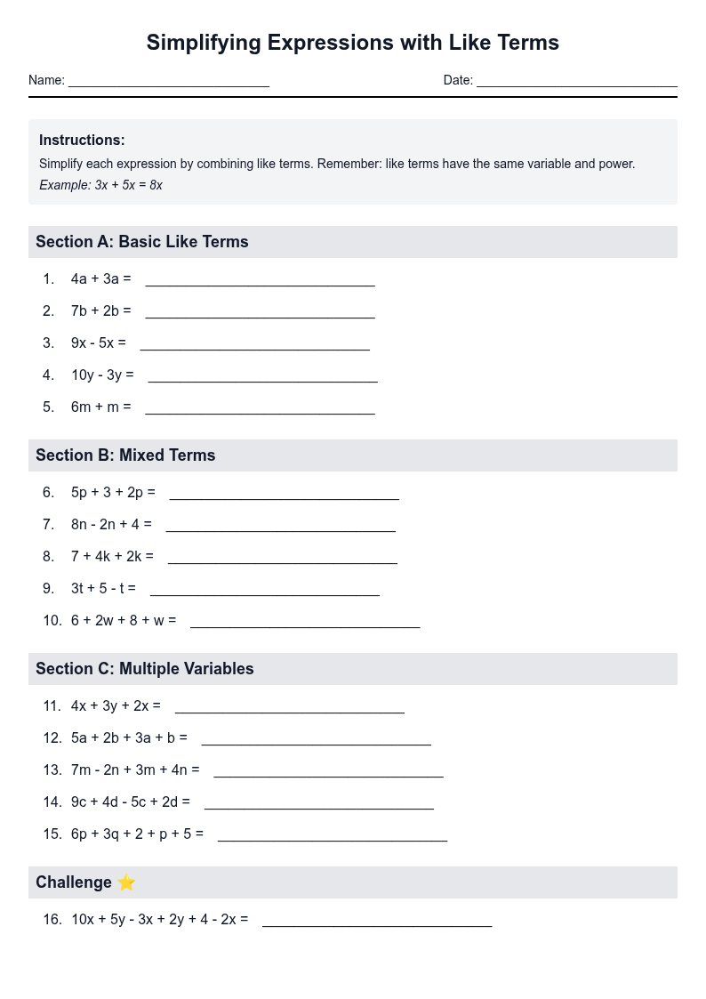 Simplifying Expressions with Like Terms