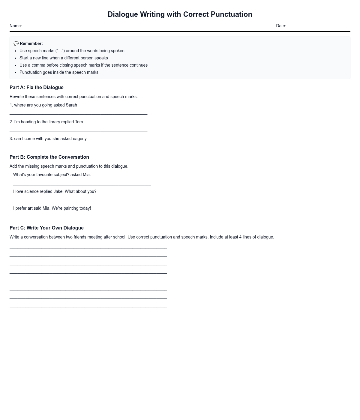 Dialogue Writing with Correct Punctuation