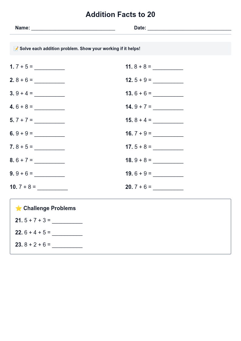 Addition Facts to 20