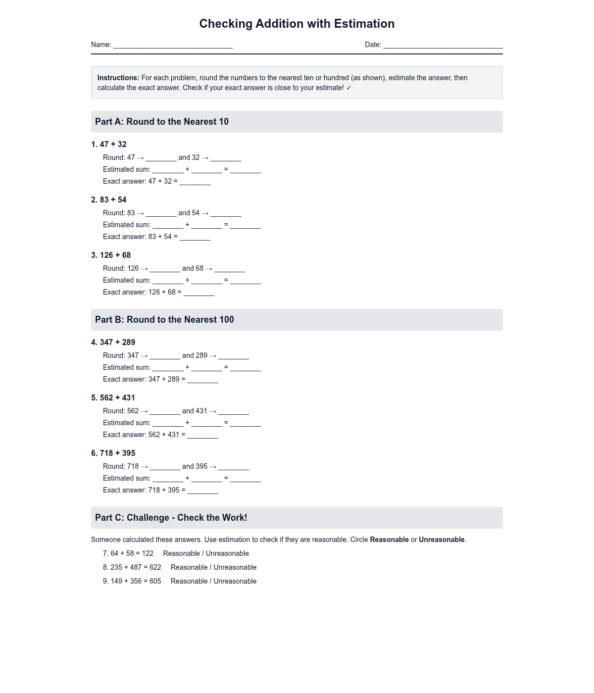 Checking Addition with Estimation