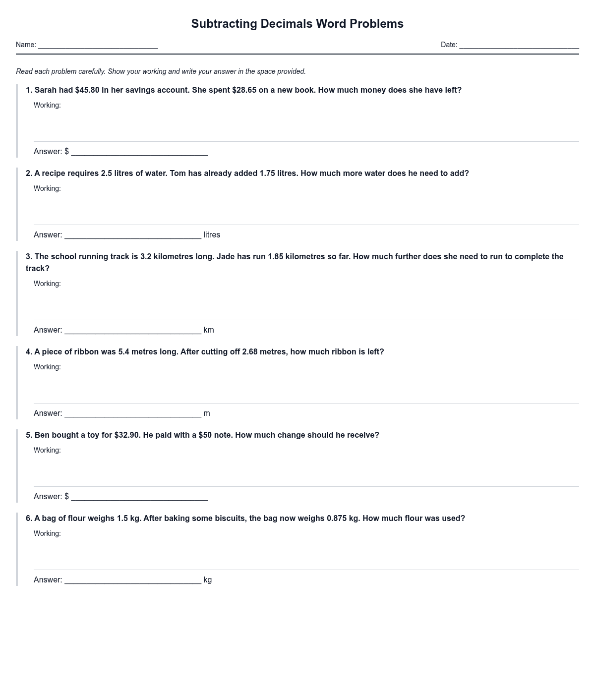Subtracting Decimals Word Problems