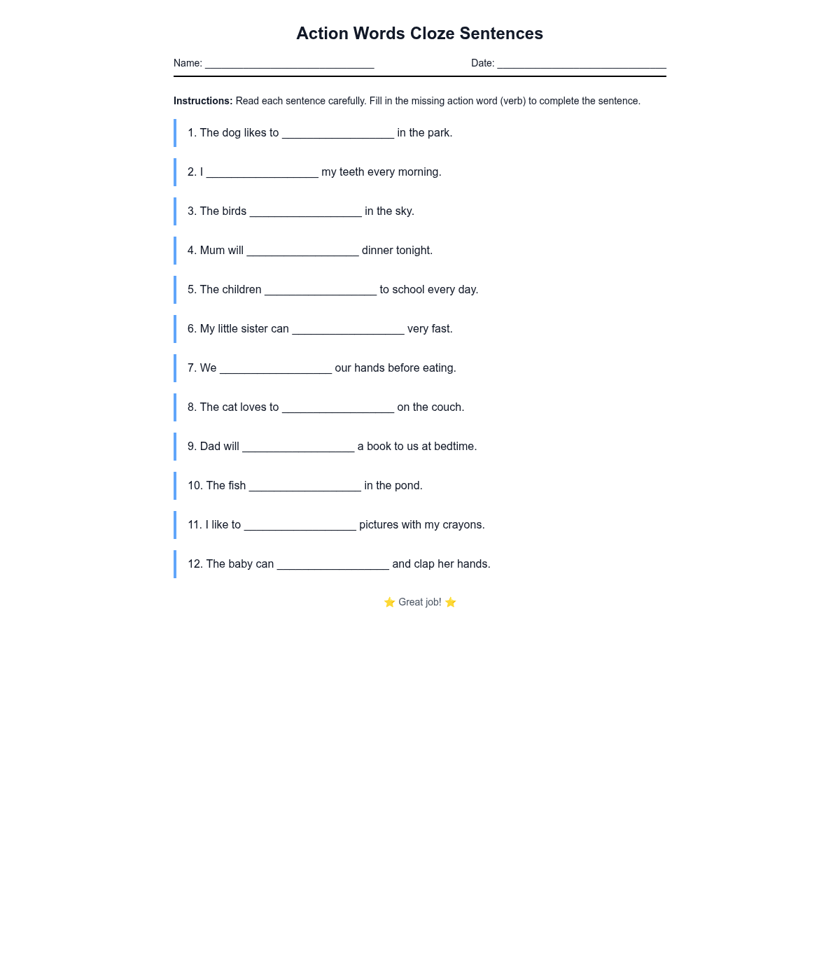 Action Words Cloze Sentences