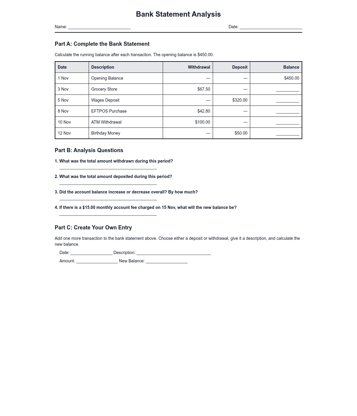 Bank Statement Analysis Worksheet