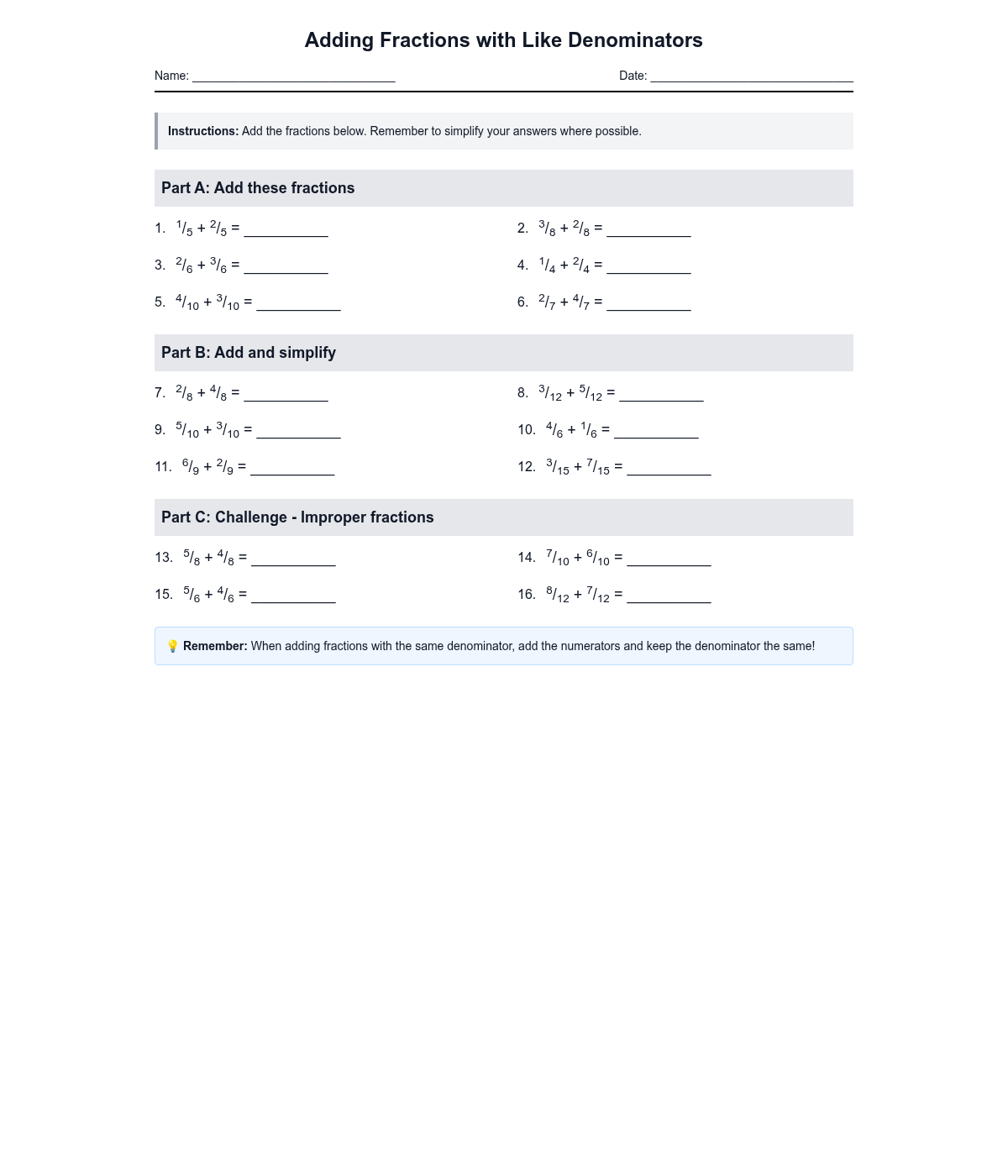 Adding Fractions with Like Denominators