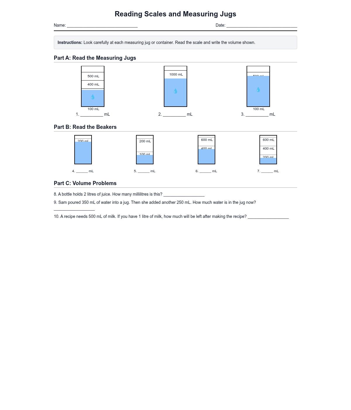 Reading Scales and Measuring Jugs