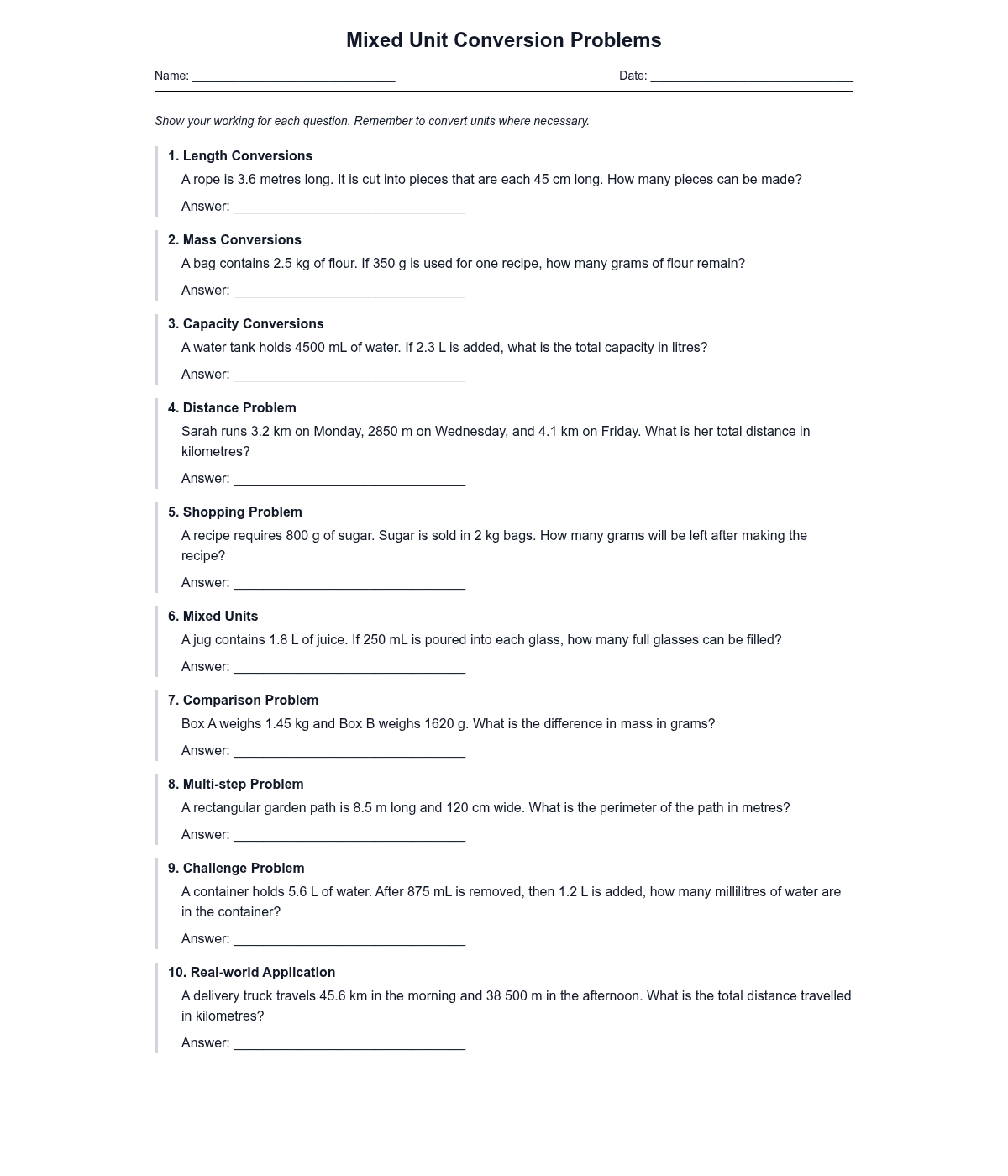 Mixed Unit Conversion Problems