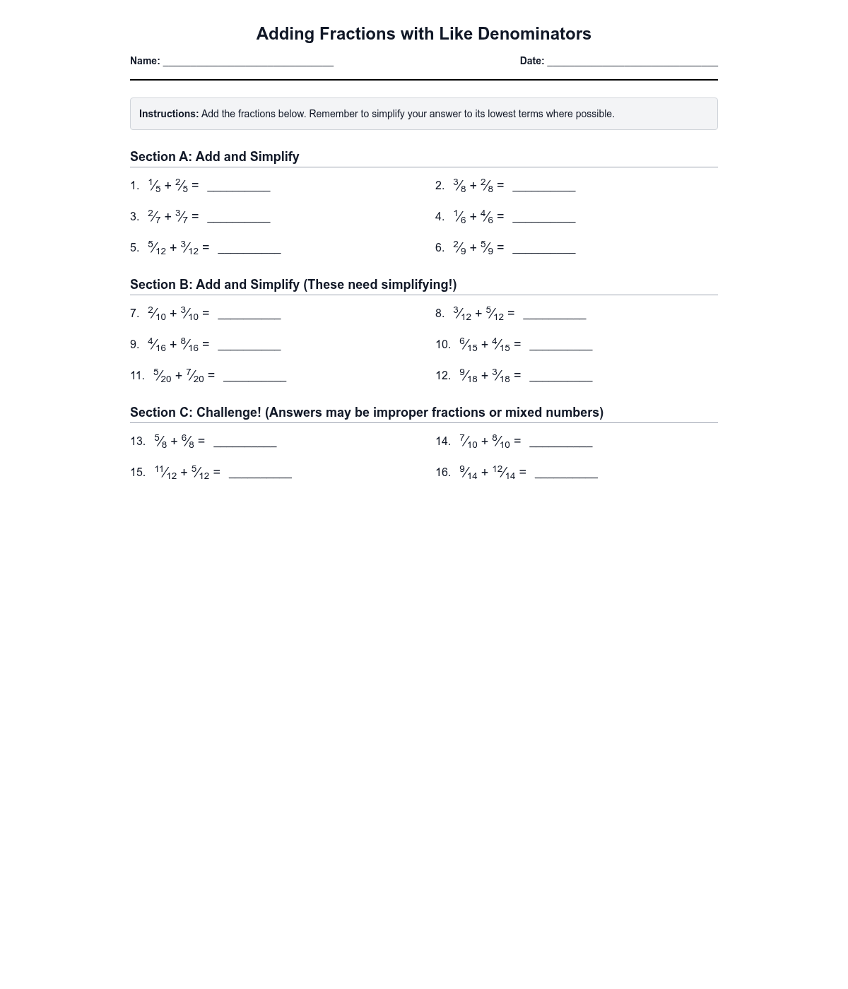 Adding Fractions with Like Denominators