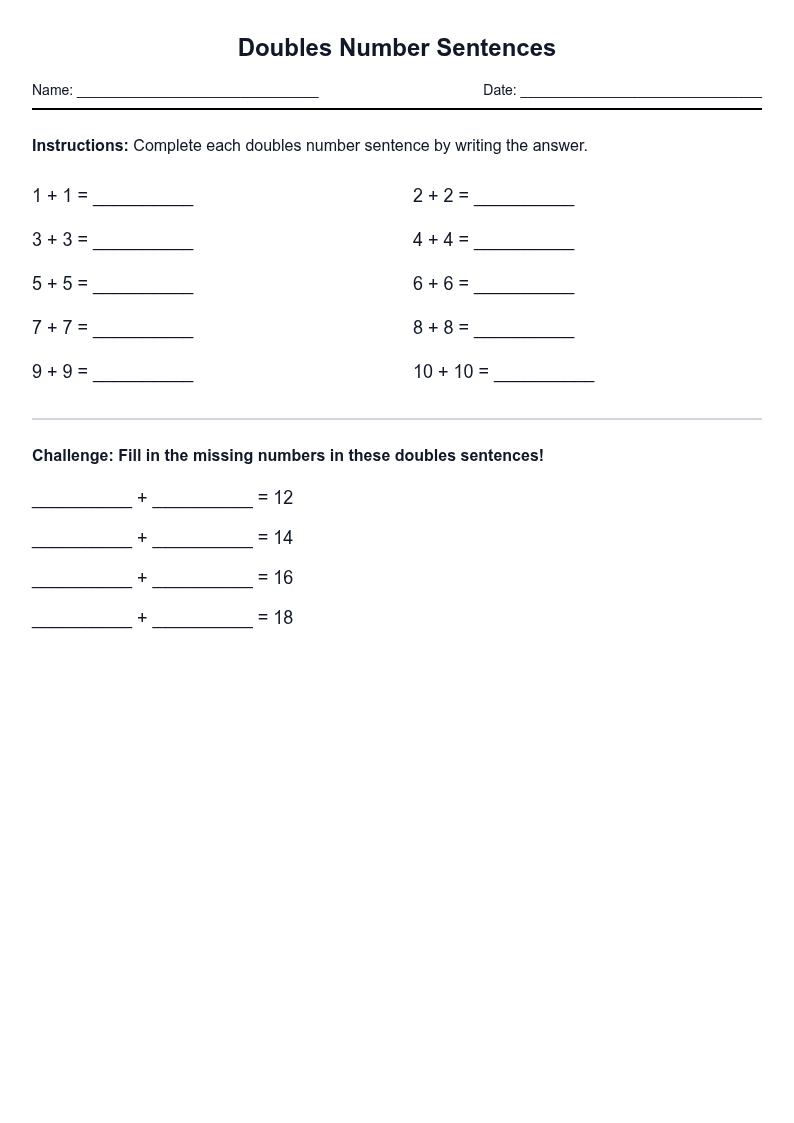 Doubles Number Sentences