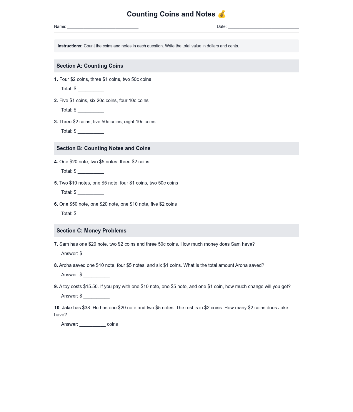 Counting Coins and Notes