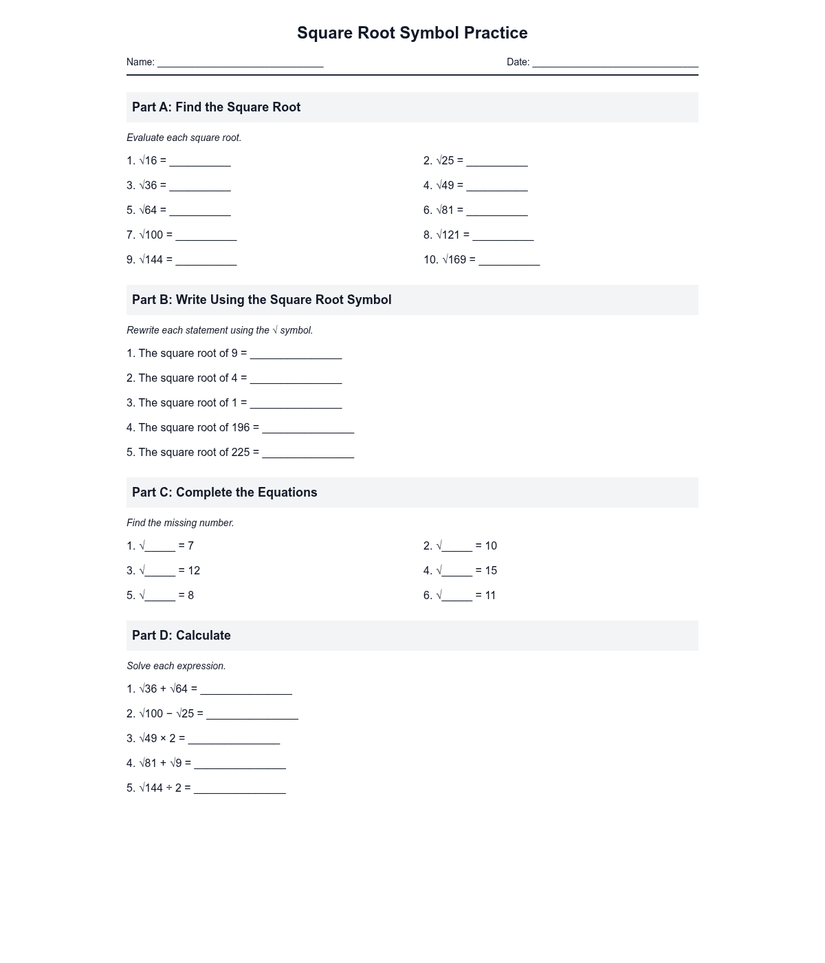 Square Root Symbol Practice