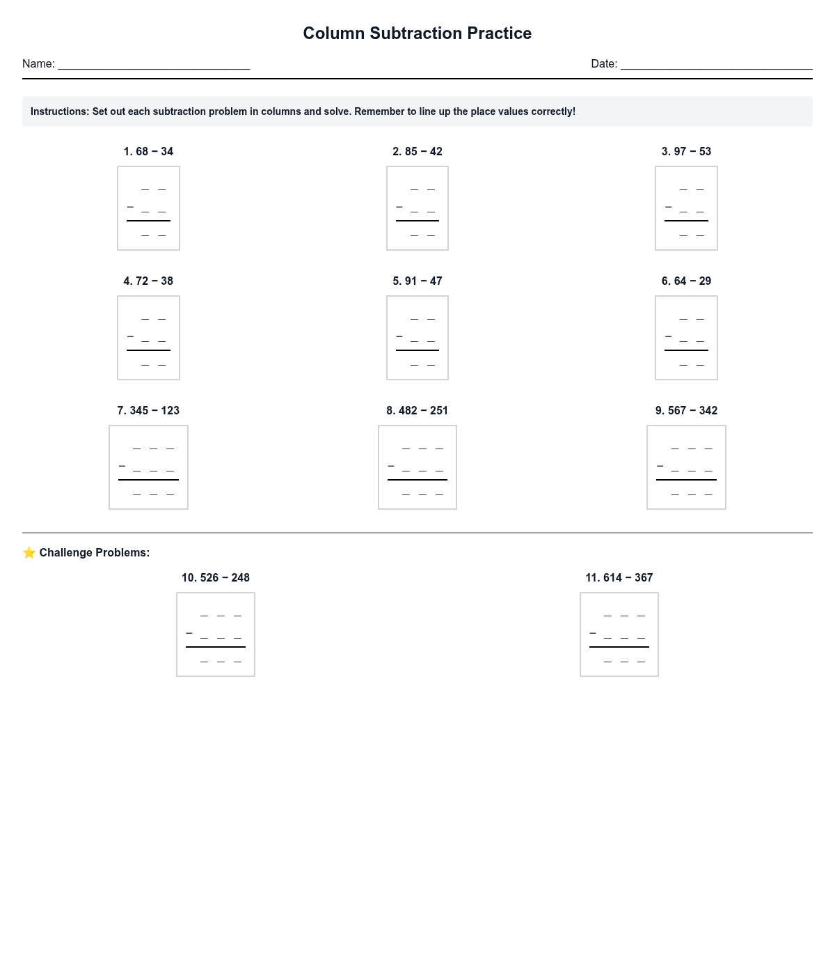 Column Subtraction Practice