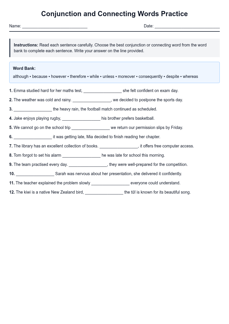 Conjunction and Connecting Words Practice