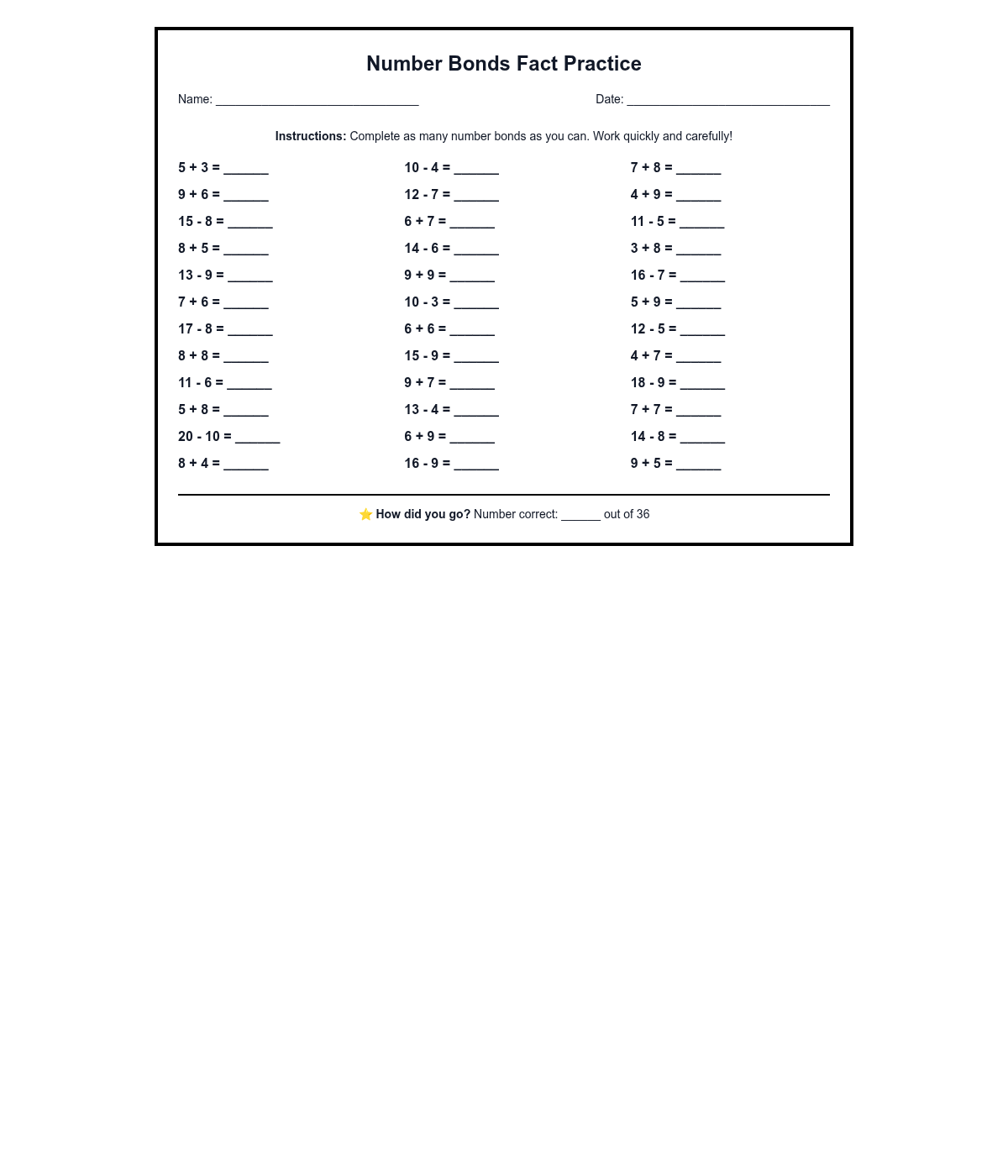Number Bonds Fact Practice