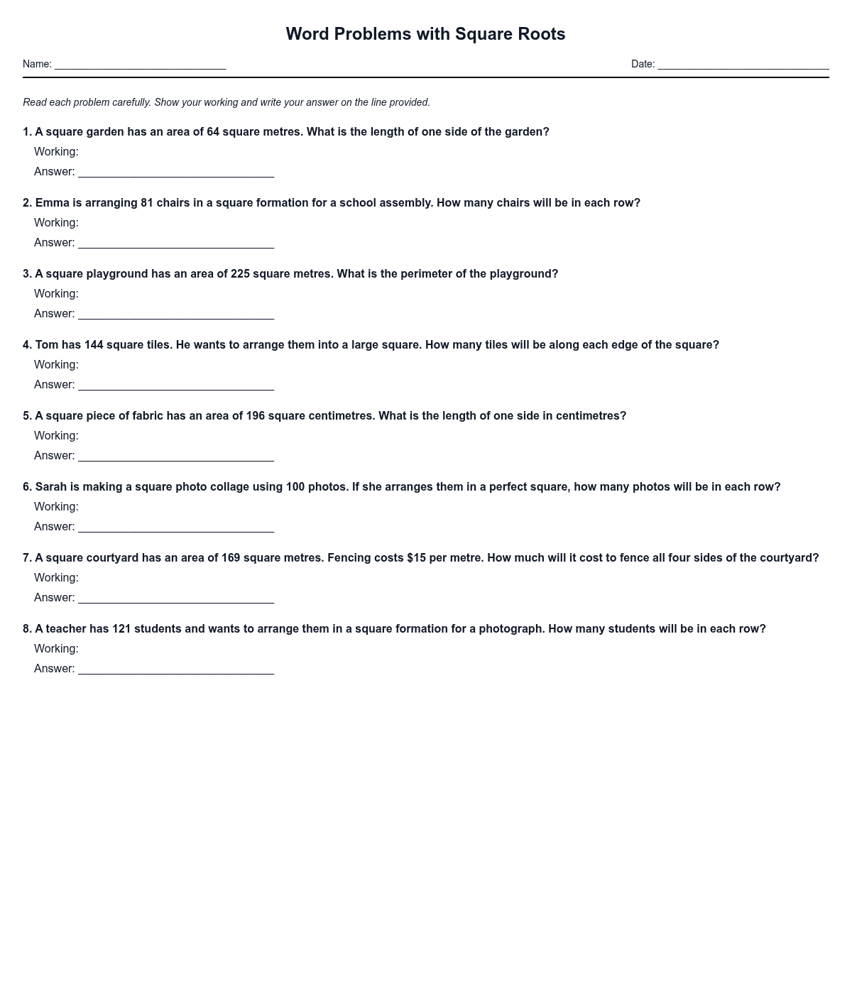 Word Problems with Square Roots