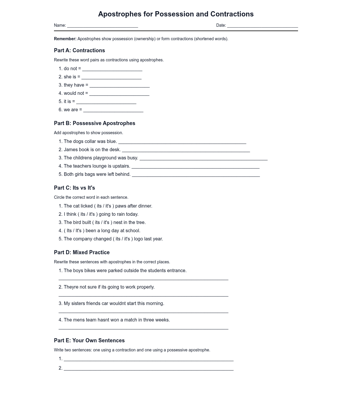 Apostrophes for Possession and Contractions