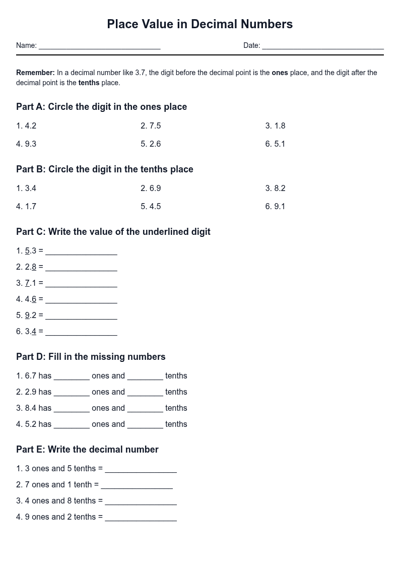Place Value in Decimal Numbers