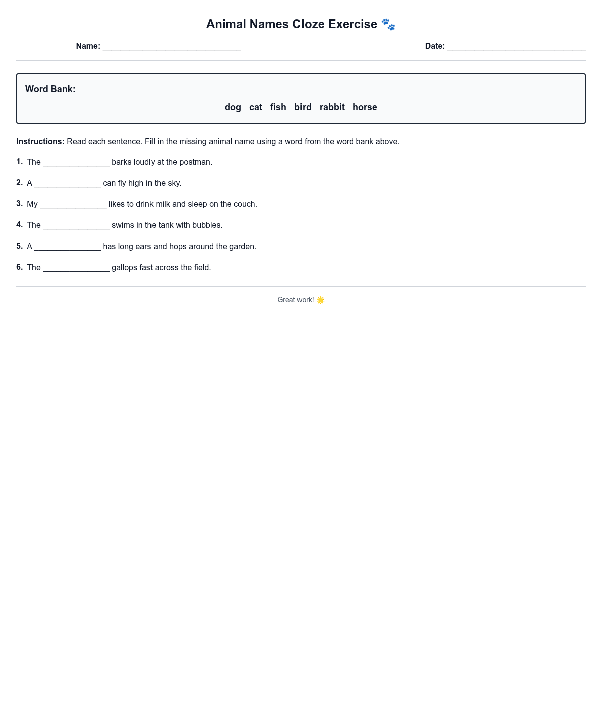 Animal Names Cloze Exercise