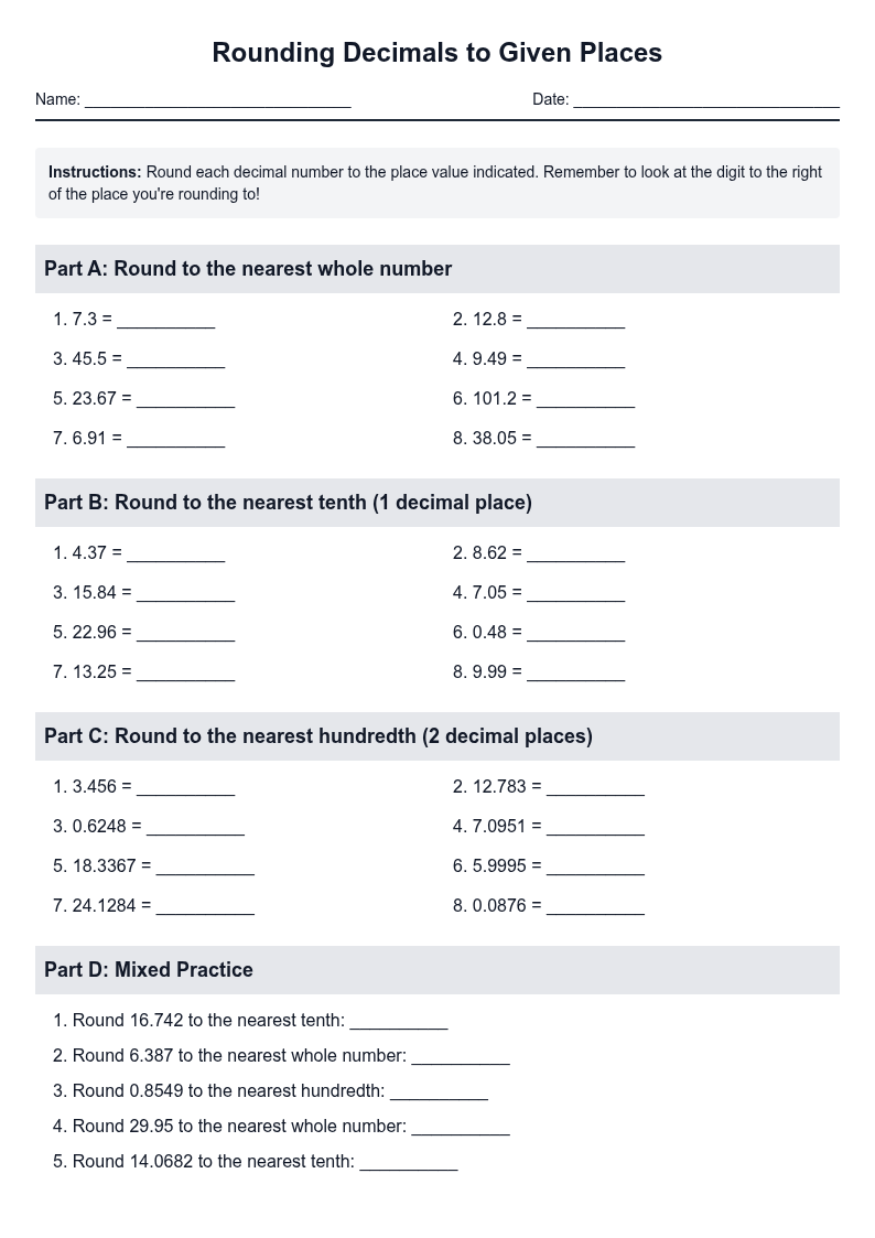 Rounding Decimals to Given Places