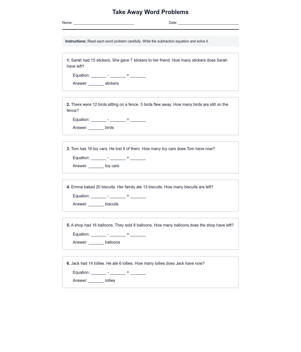 Take Away Word Problems