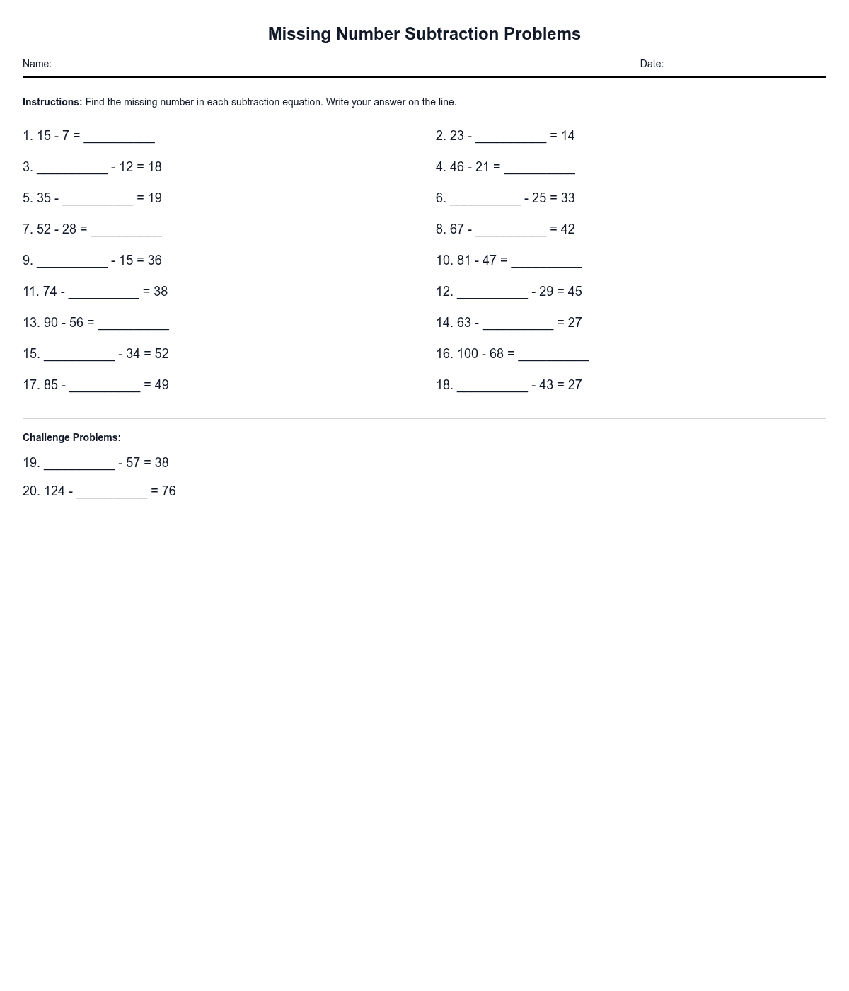 Missing Number Subtraction Problems