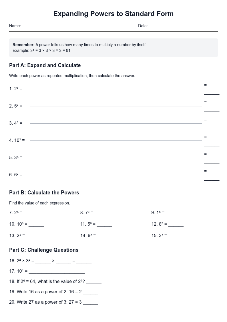 Expanding Powers to Standard Form