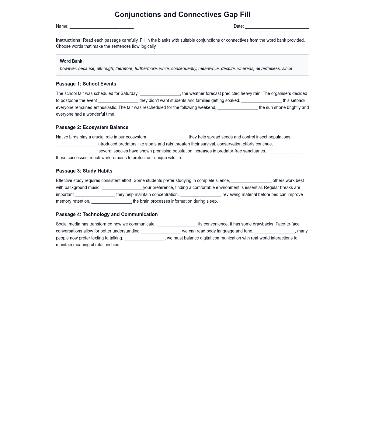 Conjunctions and Connectives Gap Fill