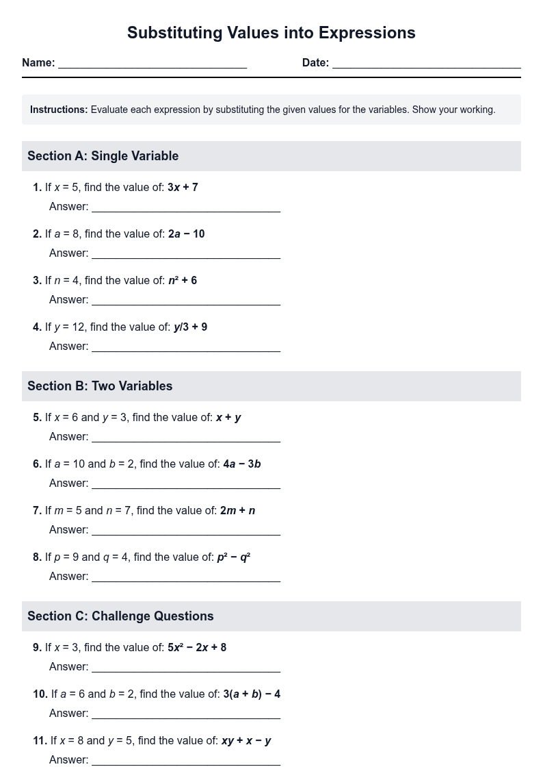 Substituting Values into Expressions