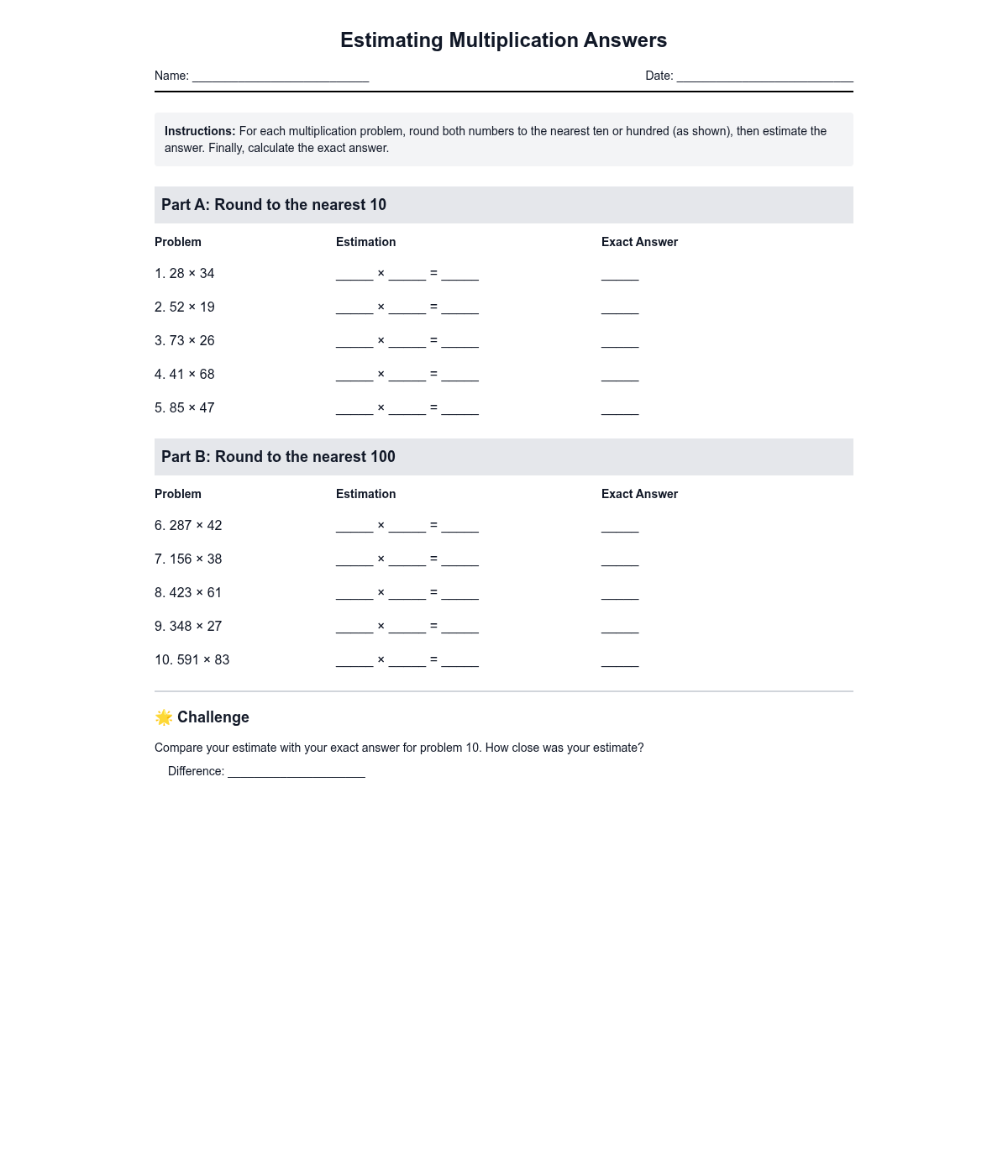 Estimating Multiplication Answers
