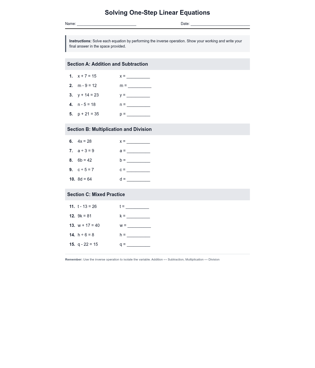 Solving One-Step Linear Equations