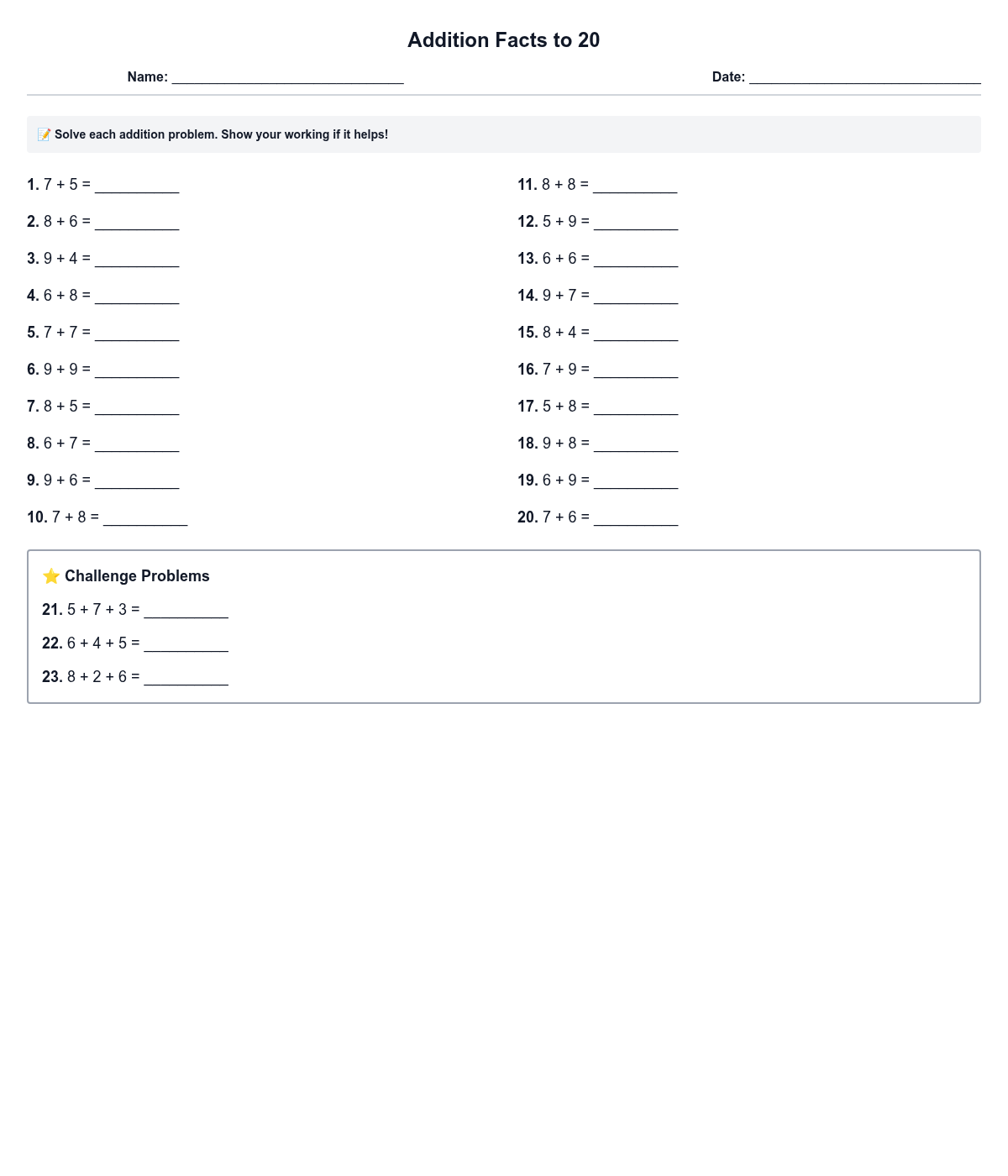Addition Facts to 20