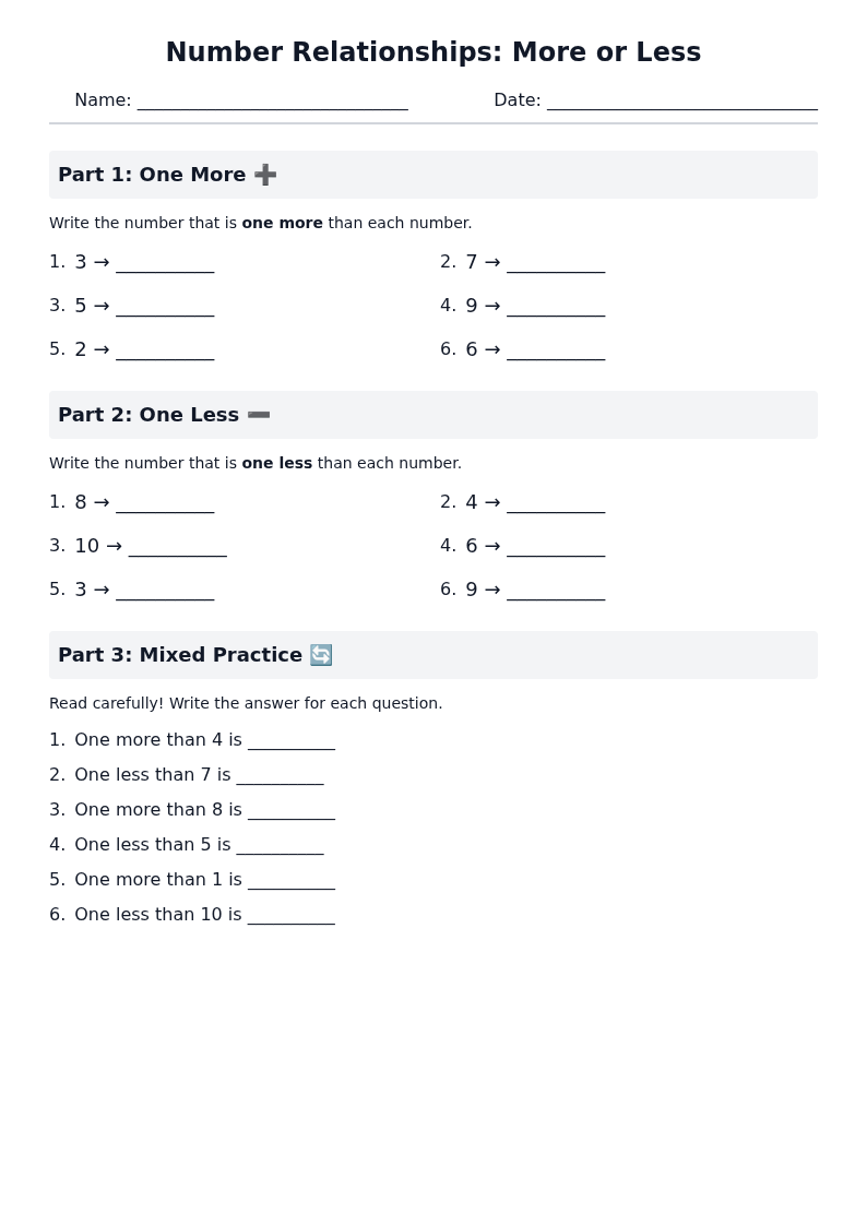 Number Relationships More or Less