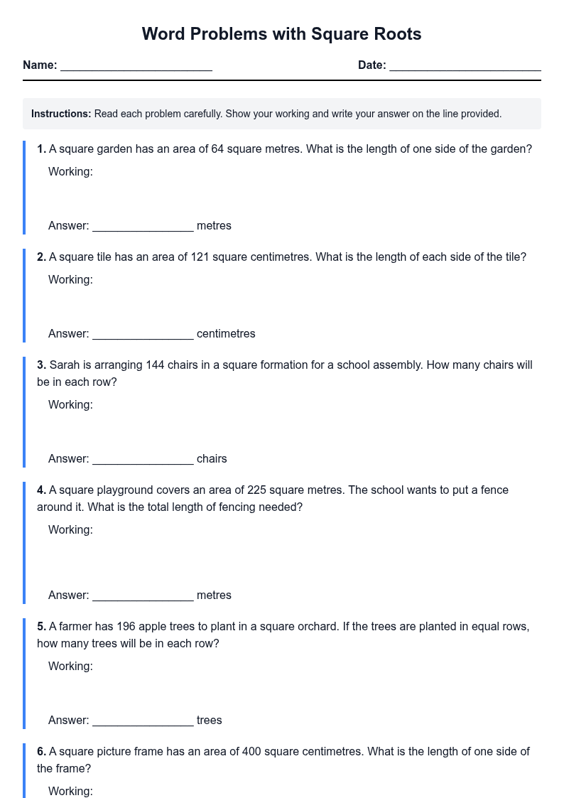 Word Problems with Square Roots