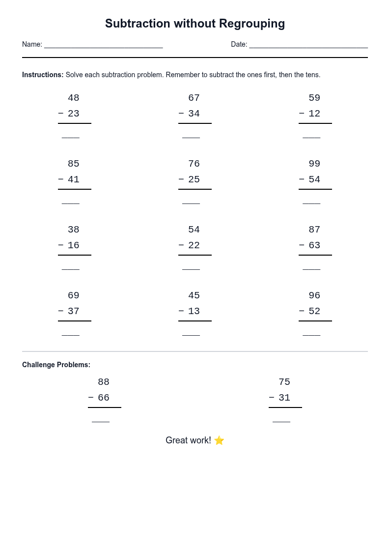 Subtraction without Regrouping
