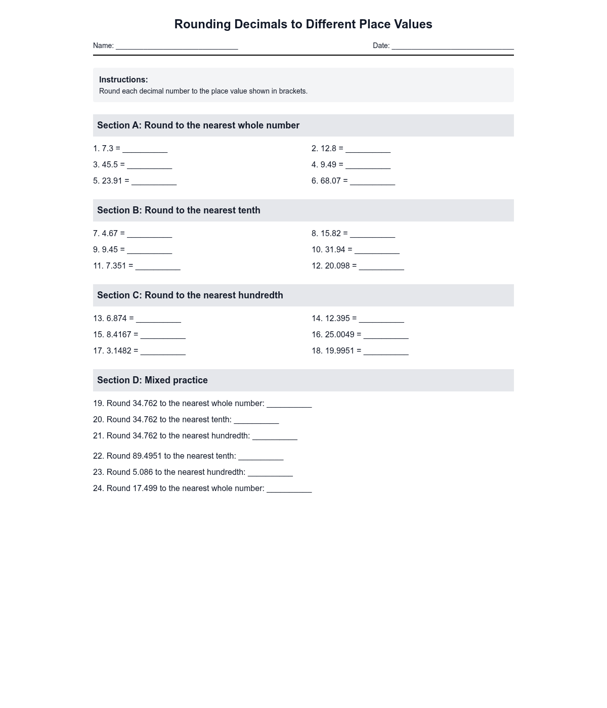 Rounding Decimals to Different Place Values