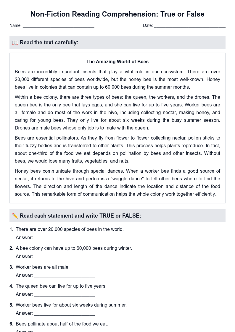 Non-Fiction Reading Comprehension: True or False