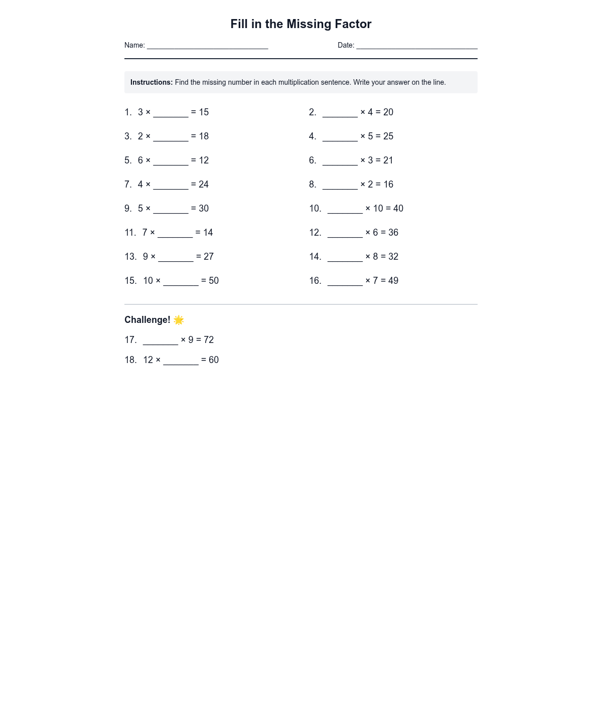 Fill in the Missing Factor