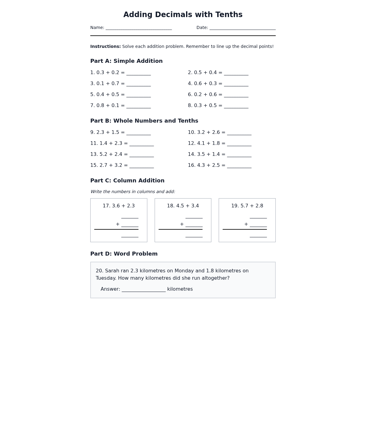 Adding Decimals with Tenths
