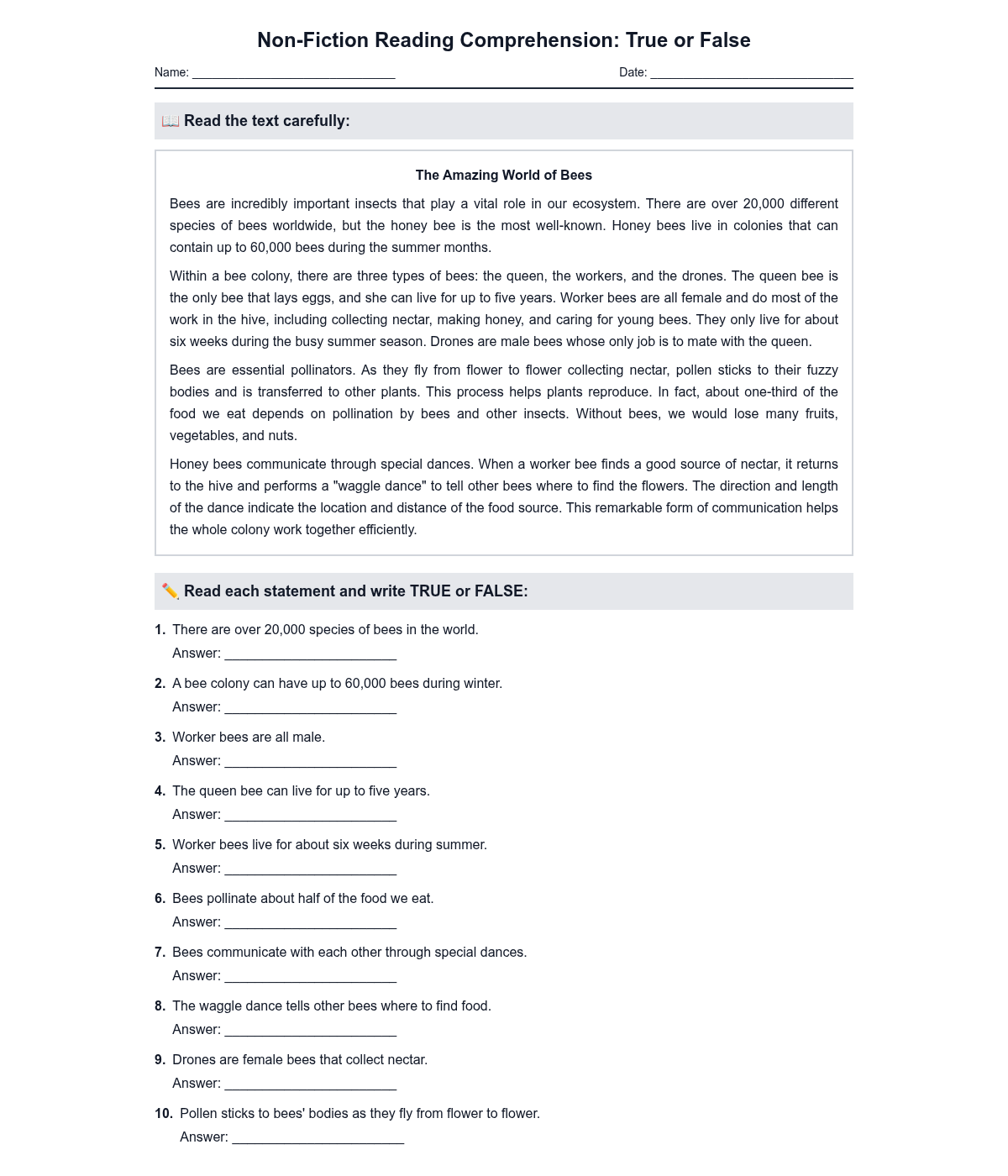 Non-Fiction Reading Comprehension: True or False