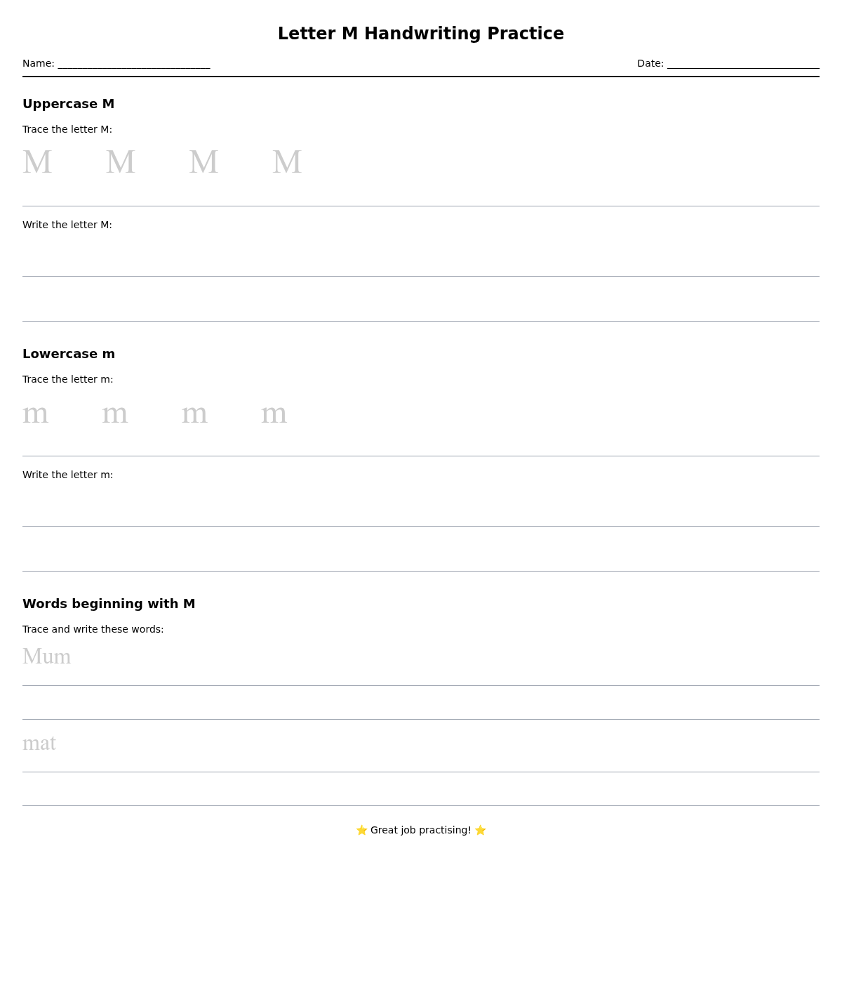 Letter M Handwriting Practice