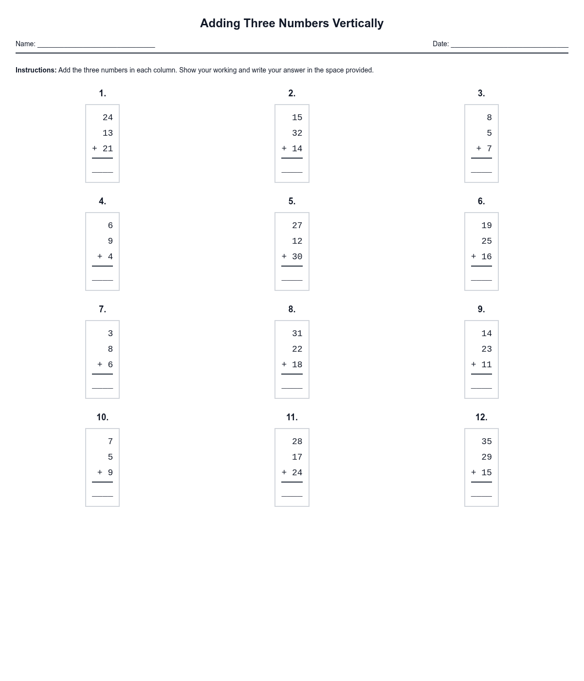 Adding Three Numbers Vertically