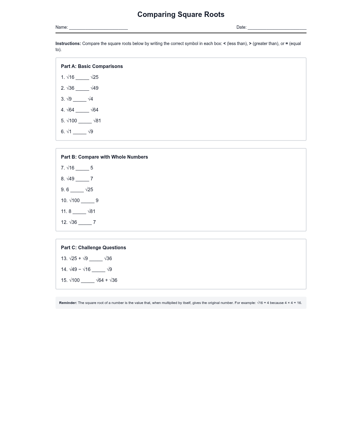Comparing Square Roots