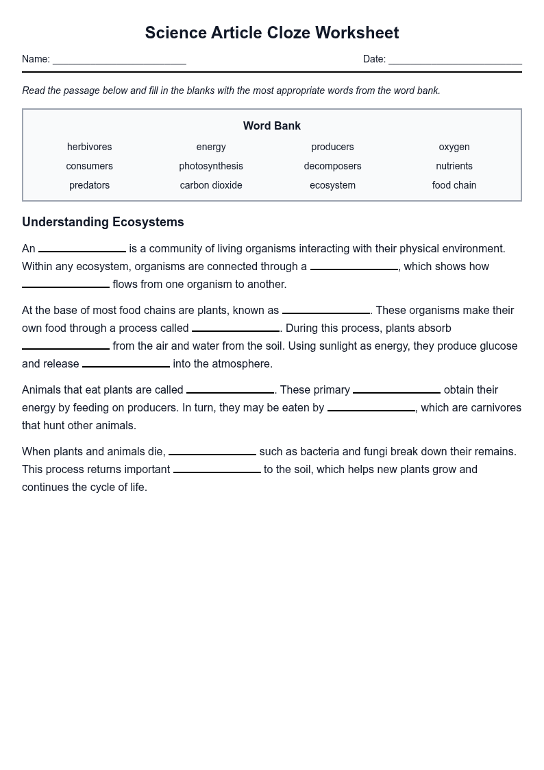 Science Article Cloze Worksheet