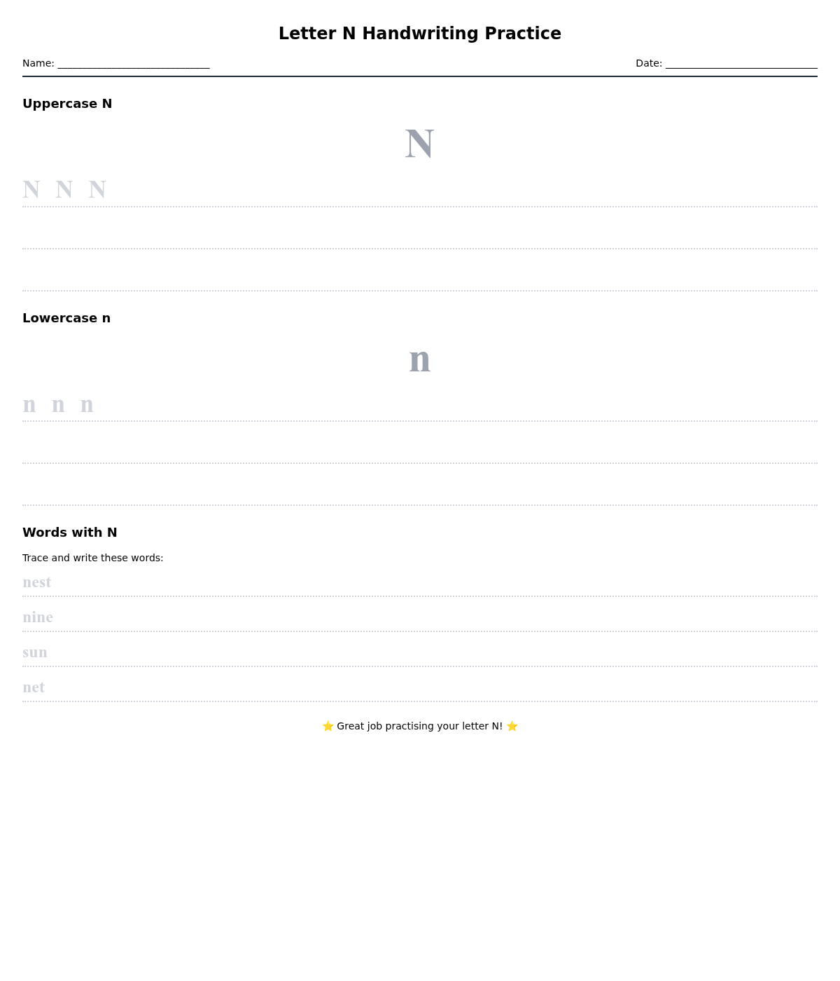 Letter N Handwriting Practice