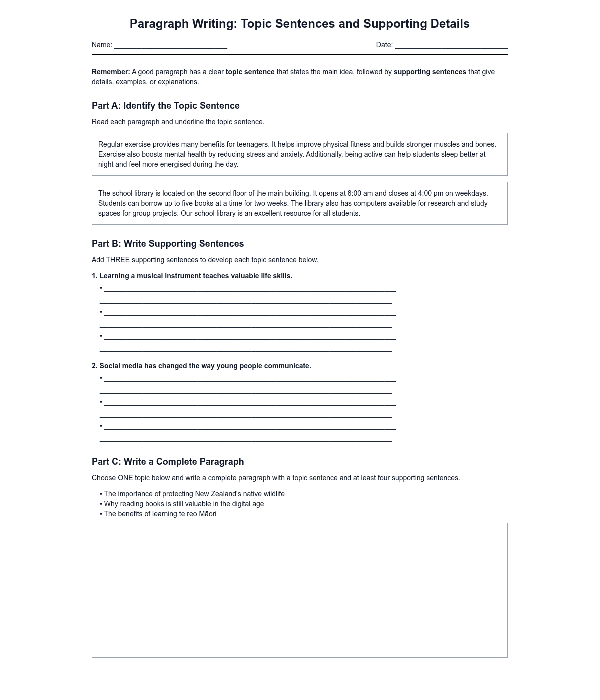 Paragraph Writing: Topic Sentences and Supporting Details