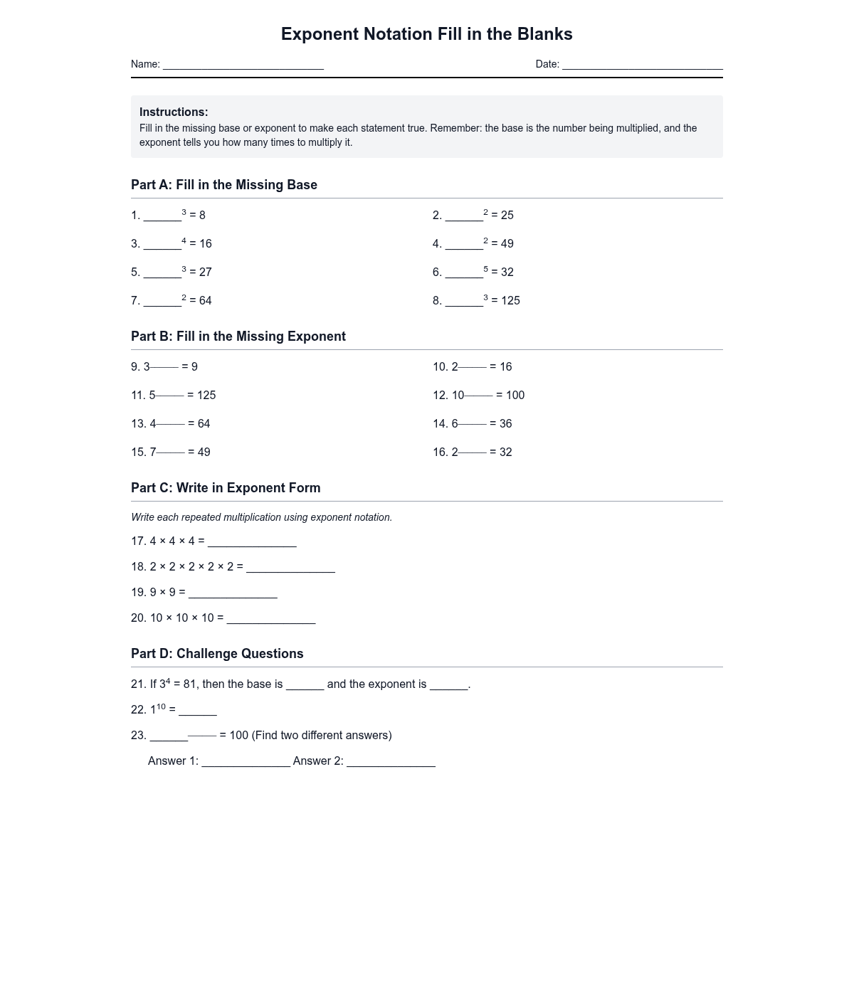 Exponent Notation Fill in the Blanks
